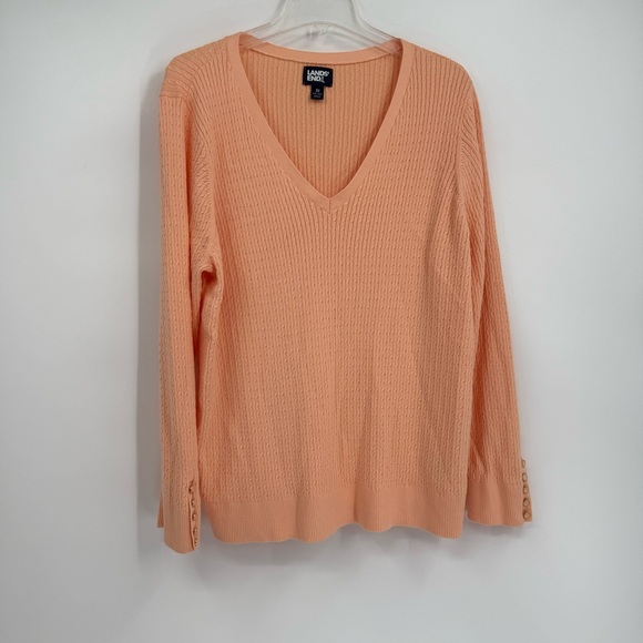 Lands End Cable Knit Sweater Womens Size 3X Long Sleeve V Neck cotton peach - Picture 9 of 9